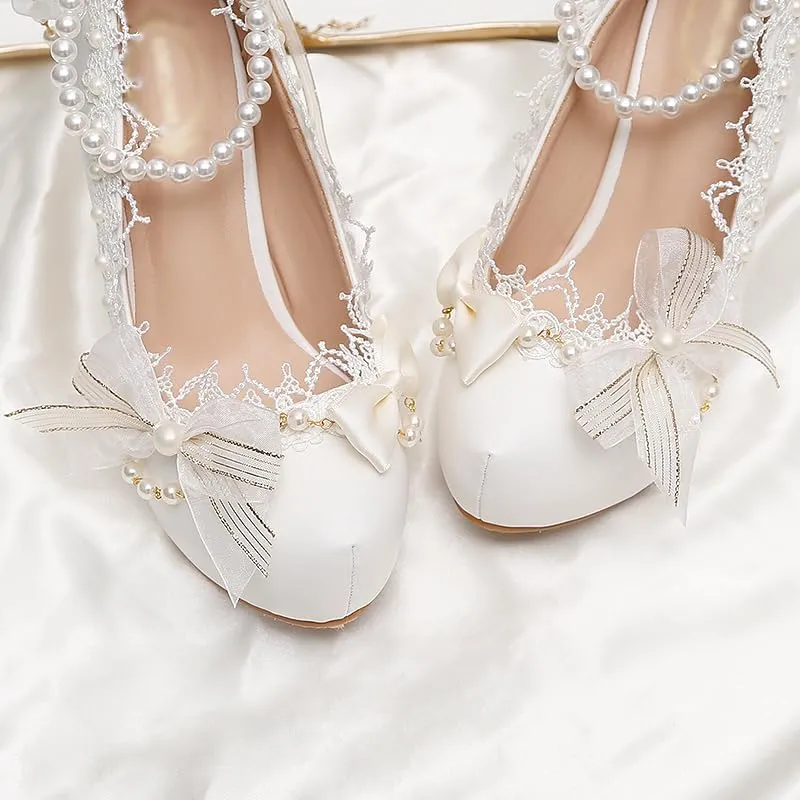 Elegant Bridal Heels with Pearl Lace Detail, White Ankle Strap, High Platform Pumps