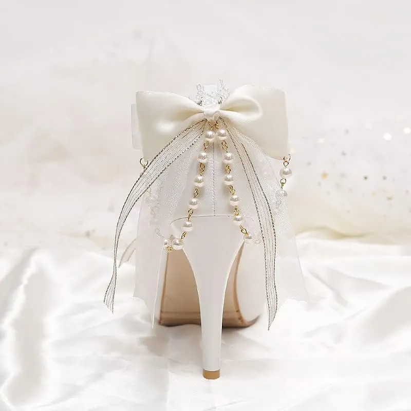 Elegant Bridal Heels with Pearl Lace Detail, White Ankle Strap, High Platform Pumps