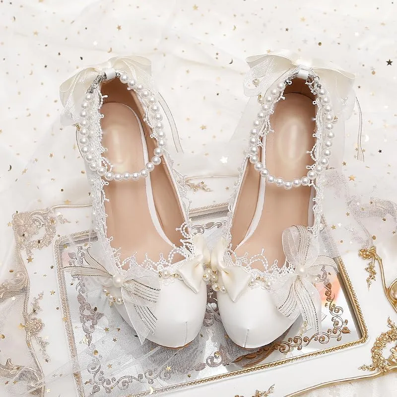 Elegant Bridal Heels with Pearl Lace Detail, White Ankle Strap, High Platform Pumps
