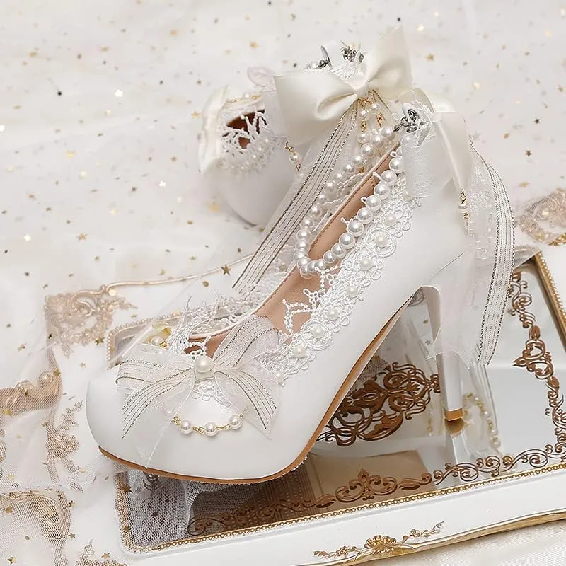 Elegant Bridal Heels with Pearl Lace Detail, White Ankle Strap, High Platform Pumps
