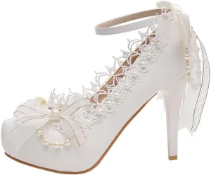 Elegant Bridal Heels with Pearl Lace Detail, White Ankle Strap, High Platform Pumps