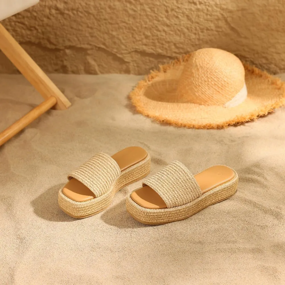 Erocalli Platform Sandals Women Cute Wedge Espadrilles Slip on Summer Beach Raffia Vacation Sandal Comfortable Open Toe Dressy Shoes