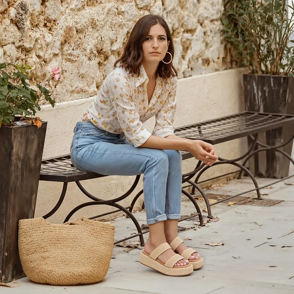 Erocalli Platform Sandals Women Cute Wedge Espadrilles Slip on Summer Beach Raffia Vacation Sandal Comfortable Open Toe Dressy Shoes