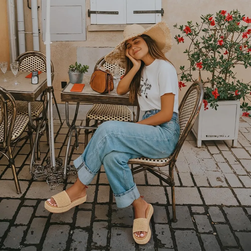 Erocalli Platform Sandals Women Cute Wedge Espadrilles Slip on Summer Beach Raffia Vacation Sandal Comfortable Open Toe Dressy Shoes