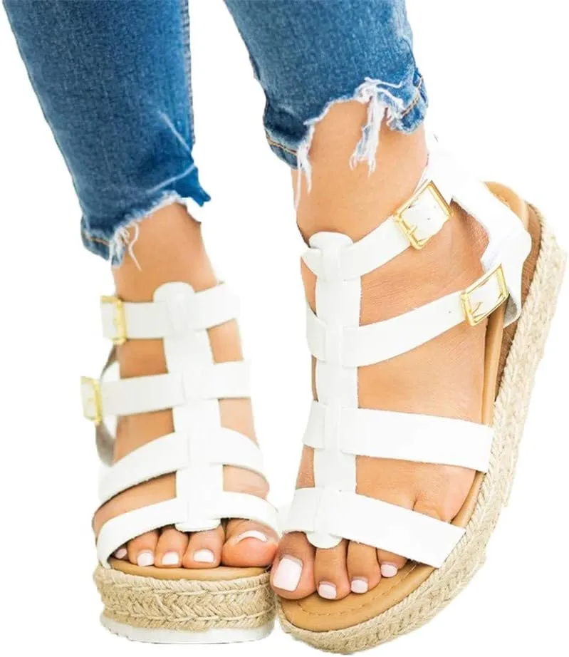 Espadrilles Wedges for Women,Casual Espadrille Platform Sandals Comfort Open Toe Ankle Strappy Studded Flatform Sandal Shoes