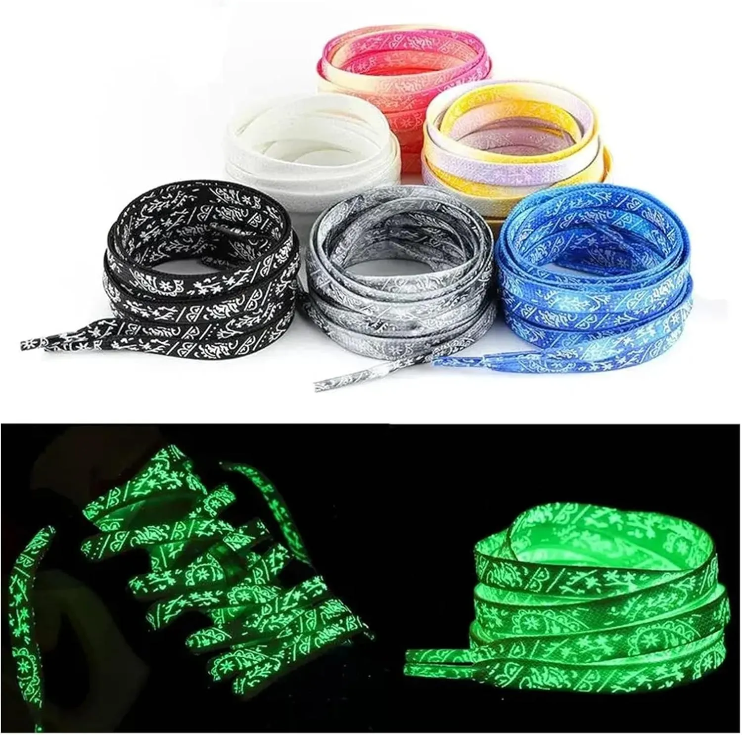 Flat Fluorescent Luminous Shoelaces For Sneakers Glow-in-the-dark Printing Splash Ink Shoe Laces For Woman Man
