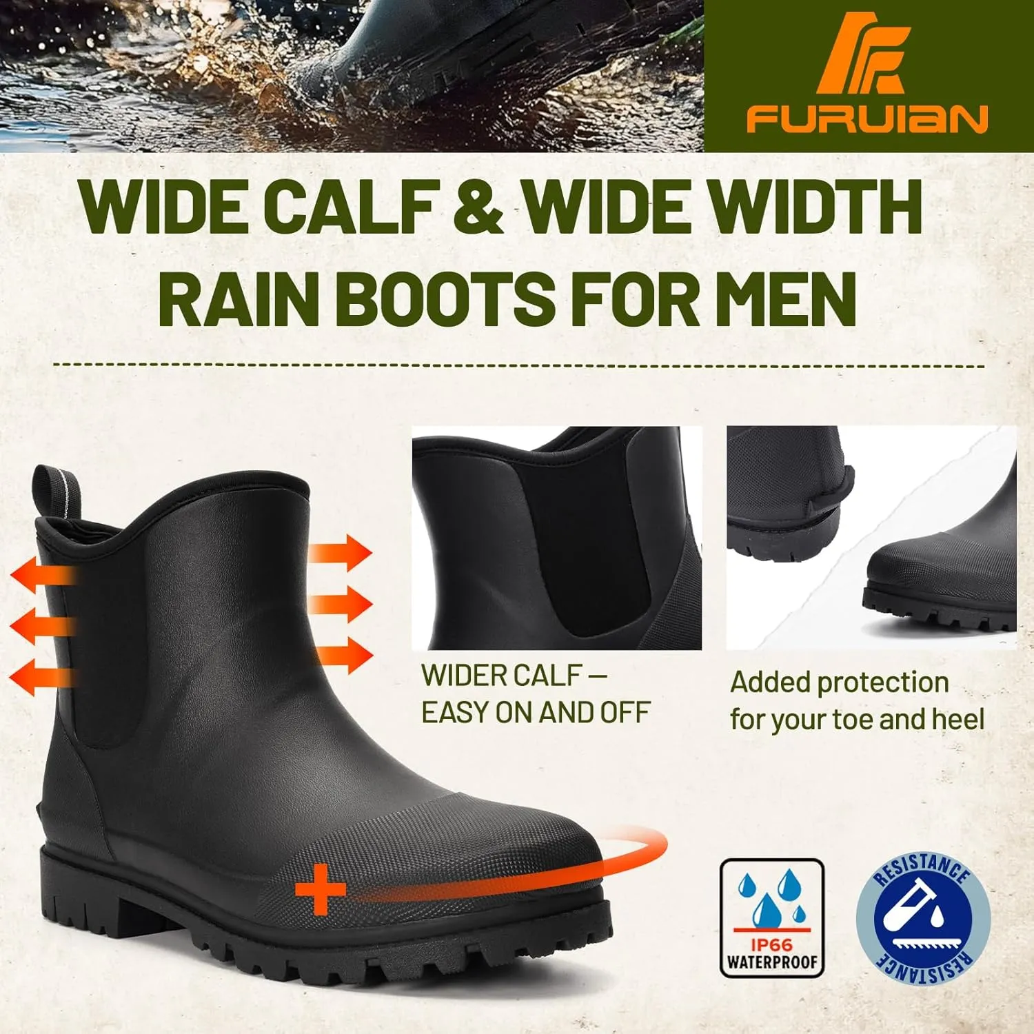 Furuian Men's Rain Boots Wide Calf Waterproof Rubber Boots Wide Width Non Slip Work Boots Ankle/Short Chelsea Rain Boots Hunting Boots Mud Boots for Fishing, Agriculture, Outdoor