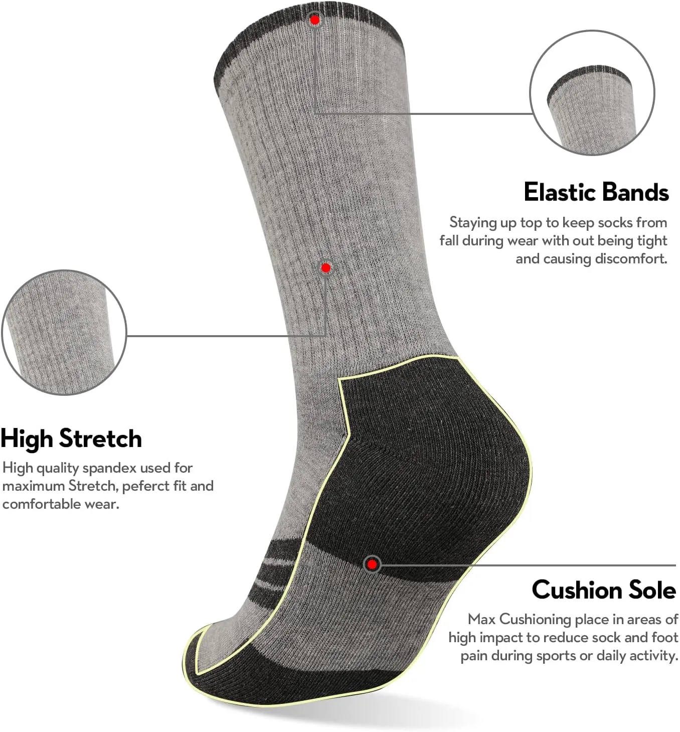 Heatuff Mens Moisture Wicking Heavy Cushion Crew Socks, Reinforced Heel & Toe Durable Socks