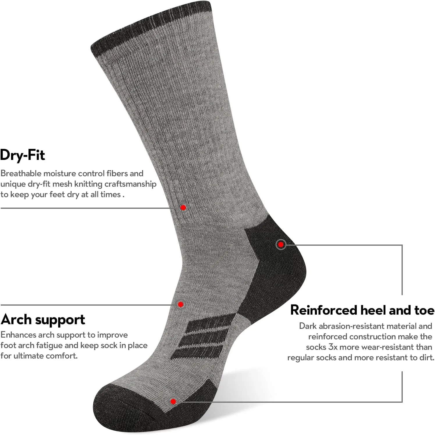 Heatuff Mens Moisture Wicking Heavy Cushion Crew Socks, Reinforced Heel & Toe Durable Socks