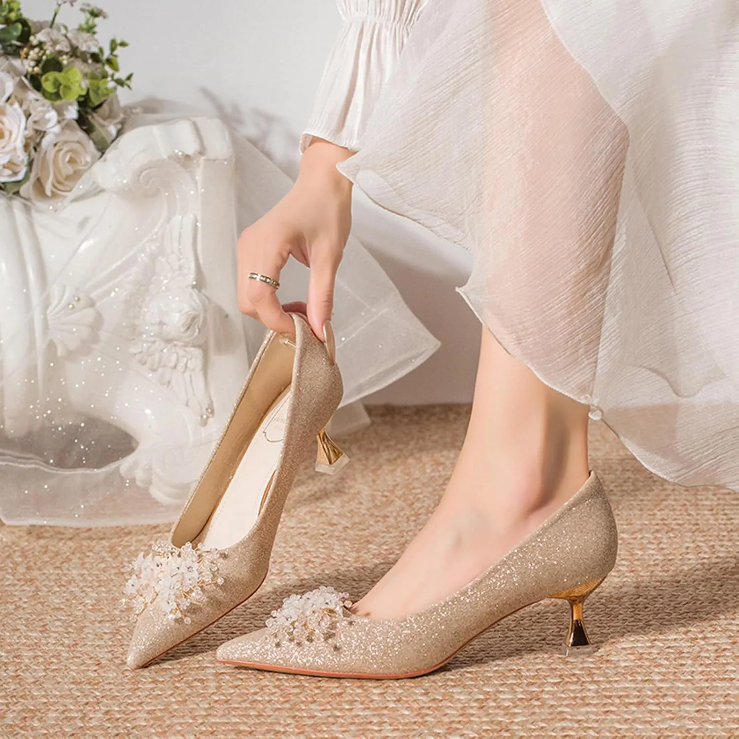 High Heels for Women Pumps Closed Pointed Toe Stiletto Heels Dress Wedding Shoes Comfortable Shiny Heels