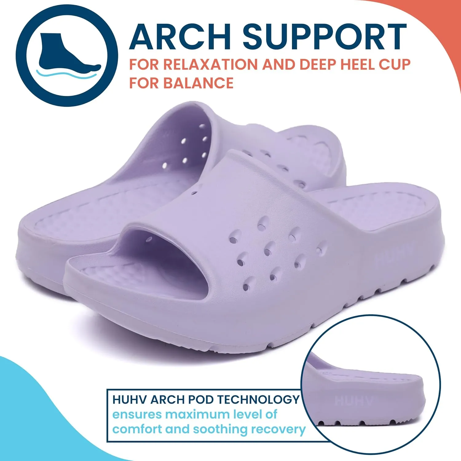 HUHV Women's MAX Cushion Arch Pod Tech Recovery comfort Slide Sandal with Comfort Orthotic Arch Support and our Proprietary HEALIUM Foam Technology