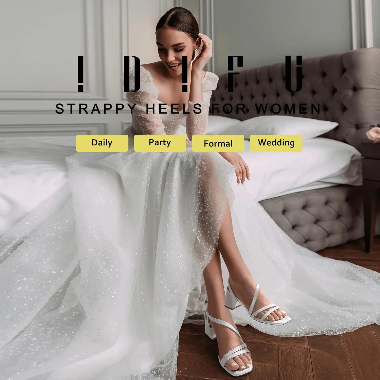 IDIFU IN3 Strappy Heels for Women - Low Block Chunky Heels - Open Square Toe Slingback Sandals - Comfortable & Trendy Dress Shoes for Women's Wedding, Bridal & Prom