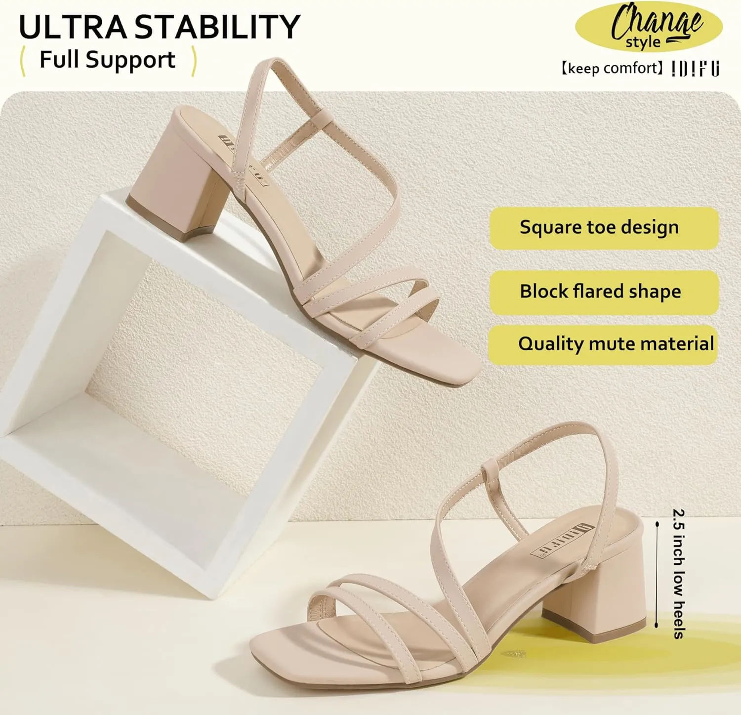 IDIFU IN3 Strappy Heels for Women - Low Block Chunky Heels - Open Square Toe Slingback Sandals - Comfortable & Trendy Dress Shoes for Women's Wedding, Bridal & Prom