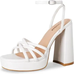 ISNOM Platform Chunky Heels for Women with Round Toe Strappy Heels for Wedding Party Date Shopping Travel Festival Holiday