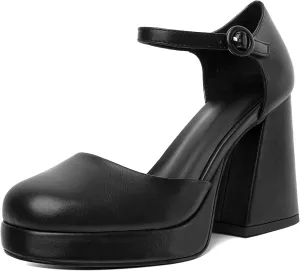 Joseywade Platform Mary Janes Women Chunky Block Heel Pumps Closed Round Toe 4 Inch Ankle Strap High Heel Shoes