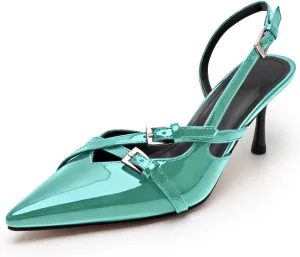 KaroNairy Kitten Heels for Women Pointed Toe Slingback Heels Closed Toe Wedding Dress Pumps with Buckles