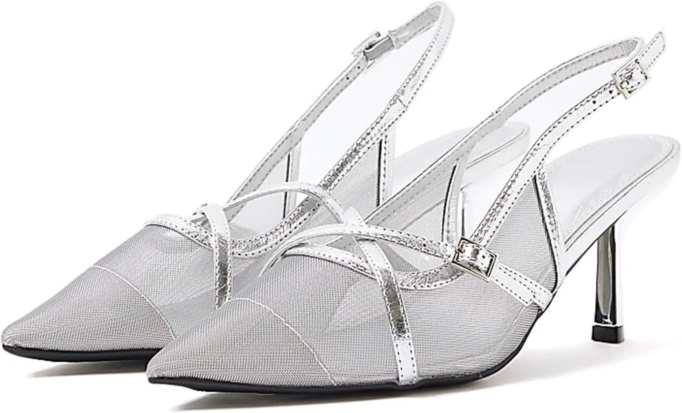 KaroNairy Kitten Heels for Women Pointed Toe Slingback Heels Closed Toe Wedding Dress Pumps with Buckles