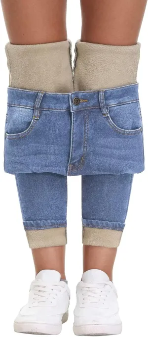 KDF Women's Brown Fleece Lined Winter Jeans