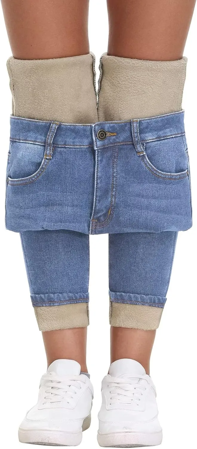 KDF Women's Brown Fleece Lined Winter Jeans
