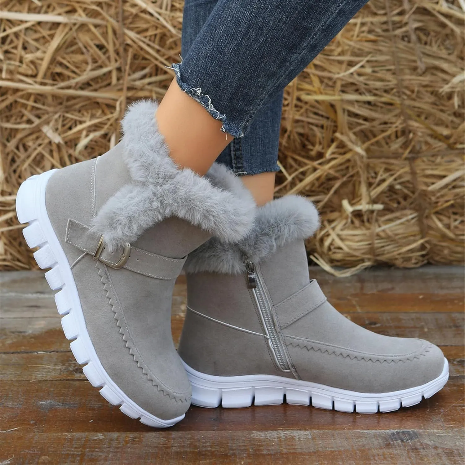 Ladmiple Booties For Women 2024 Casual Slip-on Warm Loafers Shoes Fur-Lined Comfortable Lightweight Winter Snow Ankle Boots