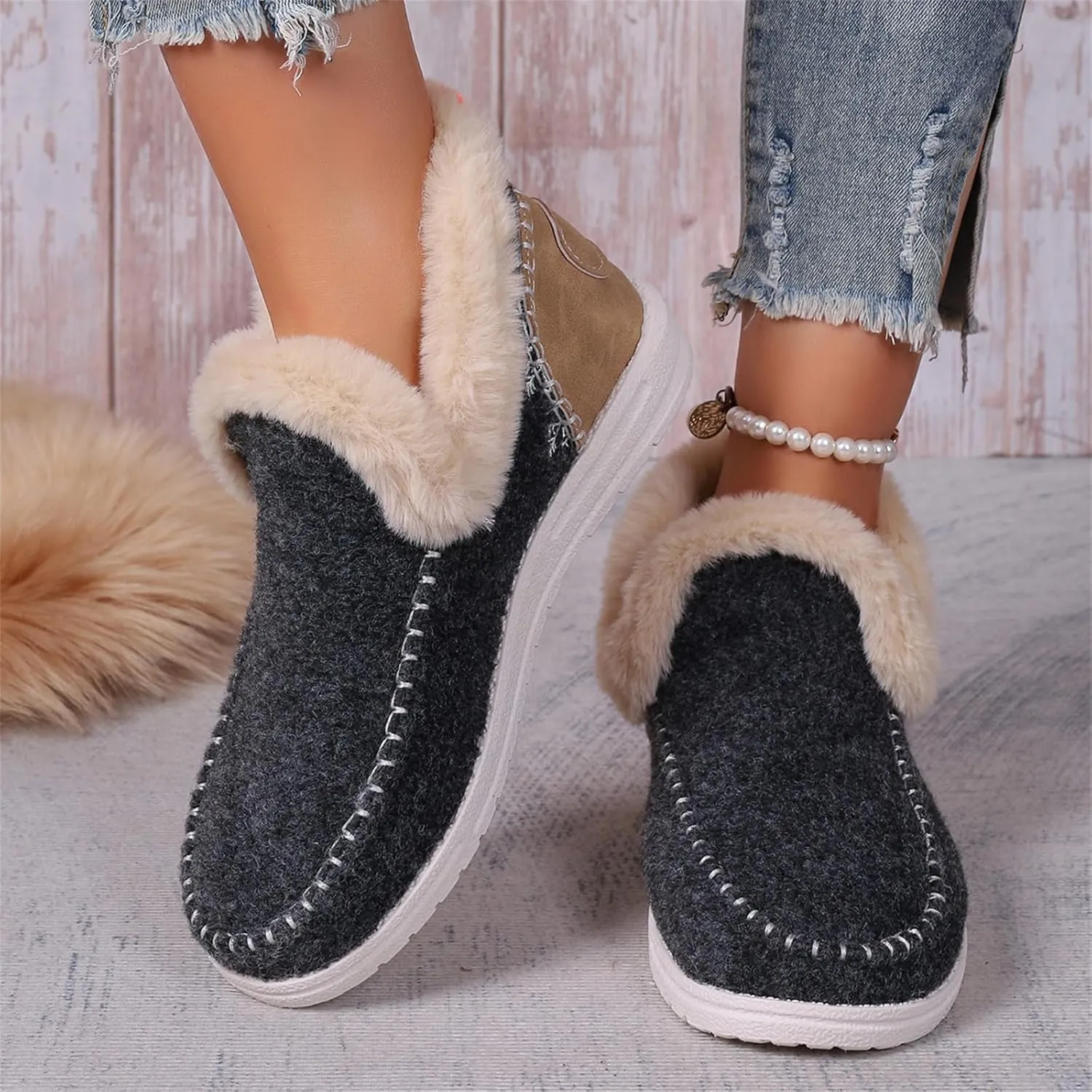 Ladmiple Boots For Women Ankle Booties Winter Snow Boots Warm Slip On Outdoor Fur Lined Comfortable Fashion Loafers Shoes
