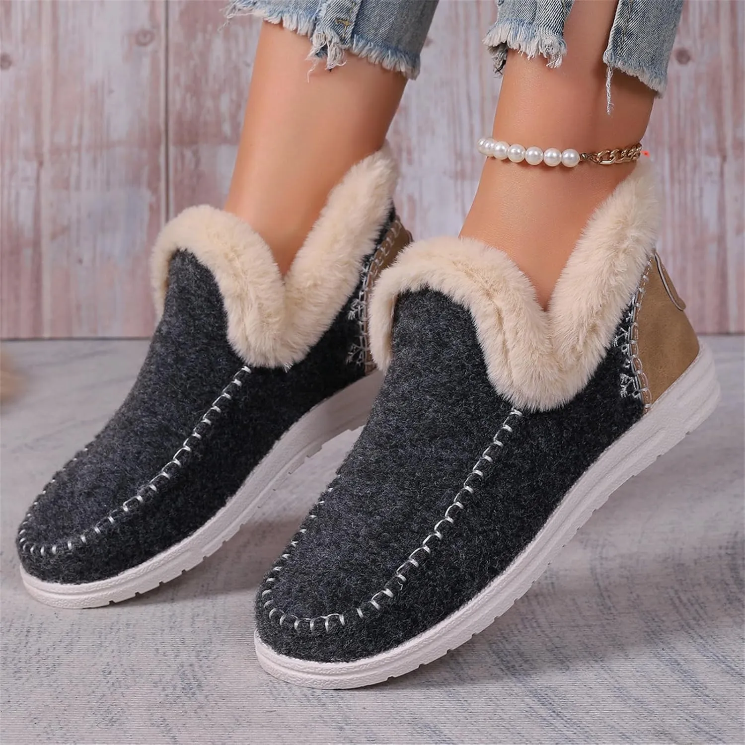 Ladmiple Boots For Women Ankle Booties Winter Snow Boots Warm Slip On Outdoor Fur Lined Comfortable Fashion Loafers Shoes