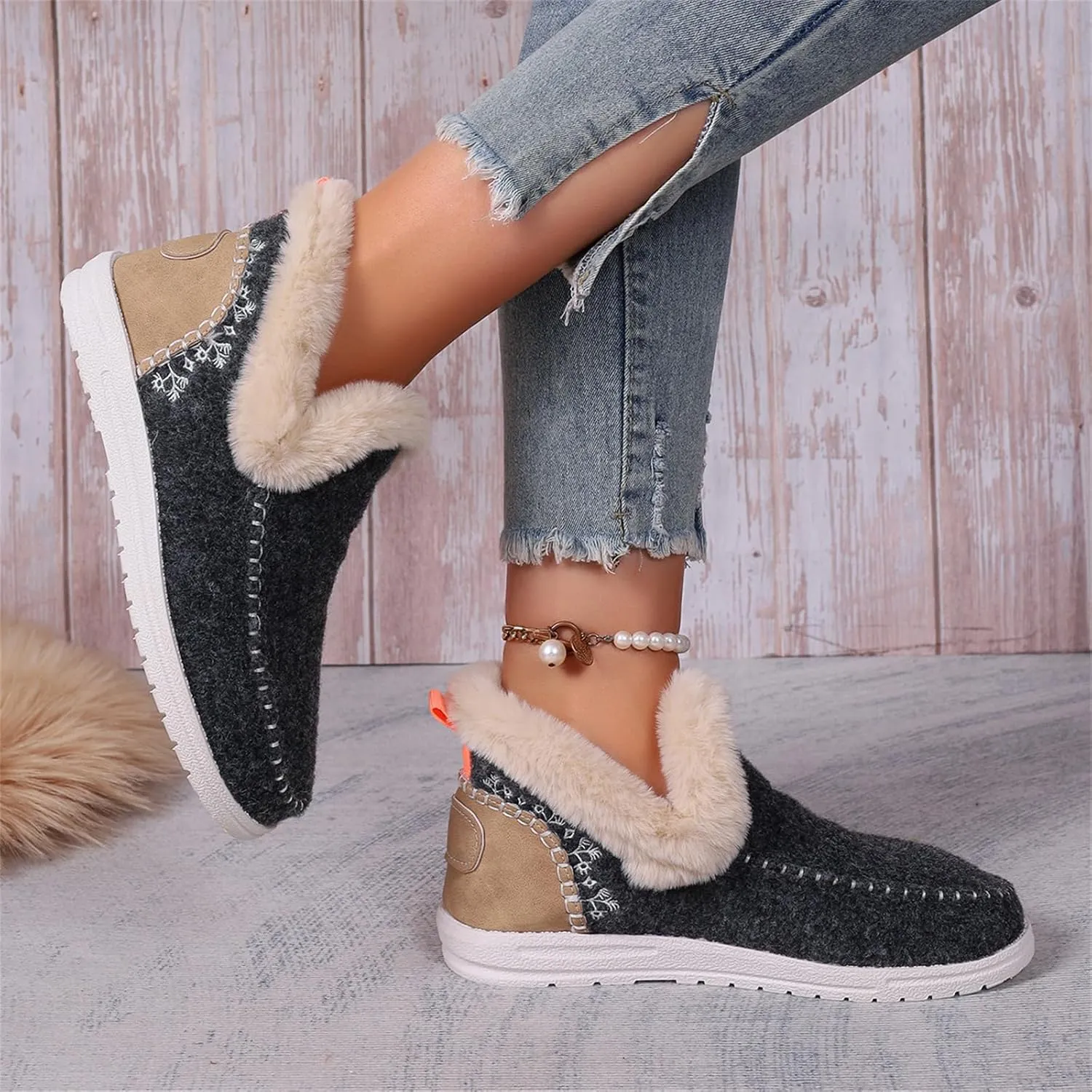 Ladmiple Boots For Women Ankle Booties Winter Snow Boots Warm Slip On Outdoor Fur Lined Comfortable Fashion Loafers Shoes
