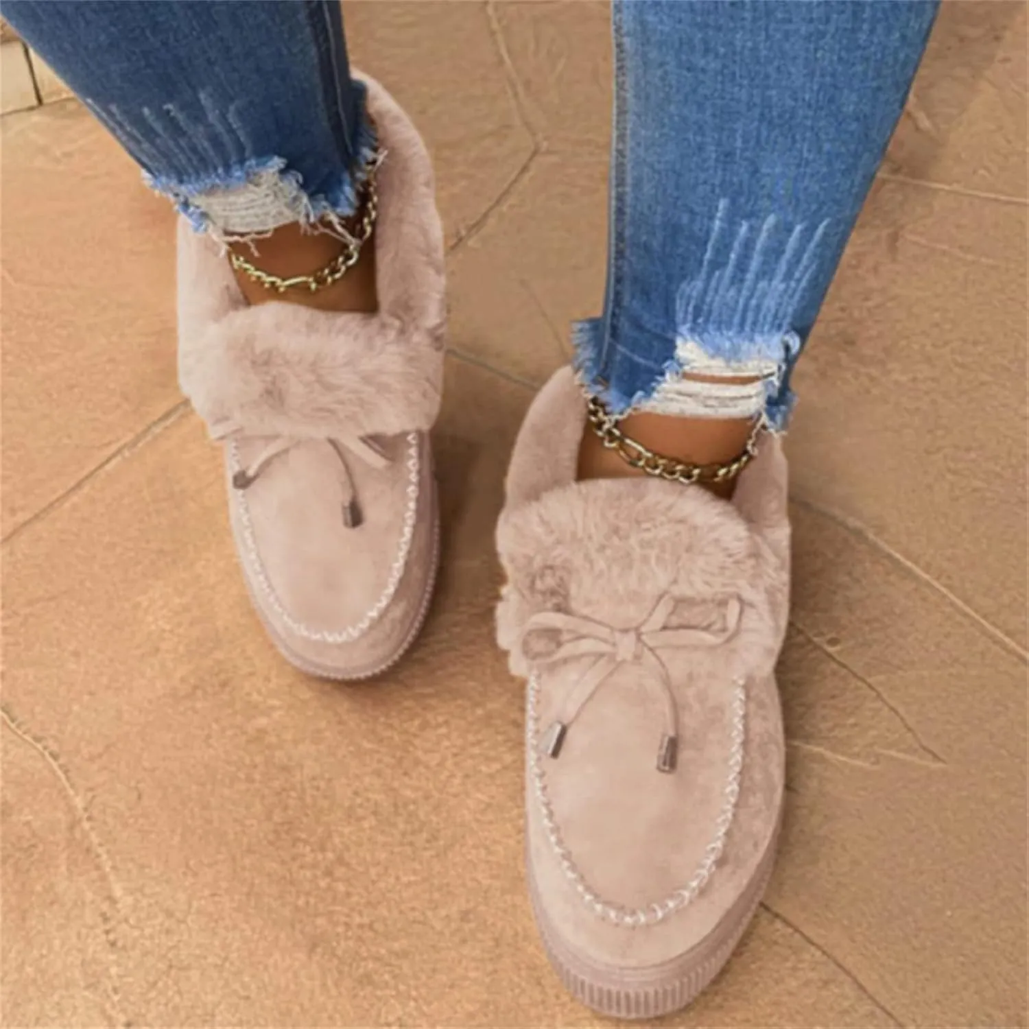 Ladmiple Boots for Women Ankle Booties with Fur Warm Winter Snow Short Booties Fashion Comfortable Slip On Walking Shoes