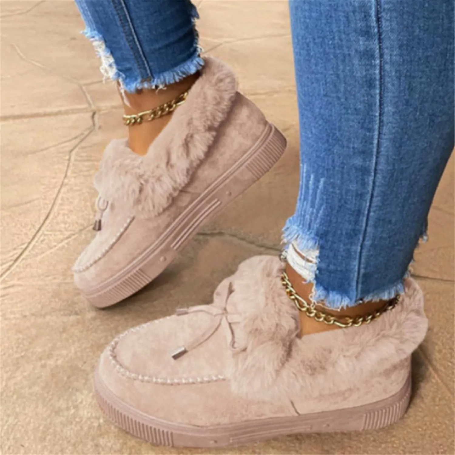 Ladmiple Boots for Women Ankle Booties with Fur Warm Winter Snow Short Booties Fashion Comfortable Slip On Walking Shoes