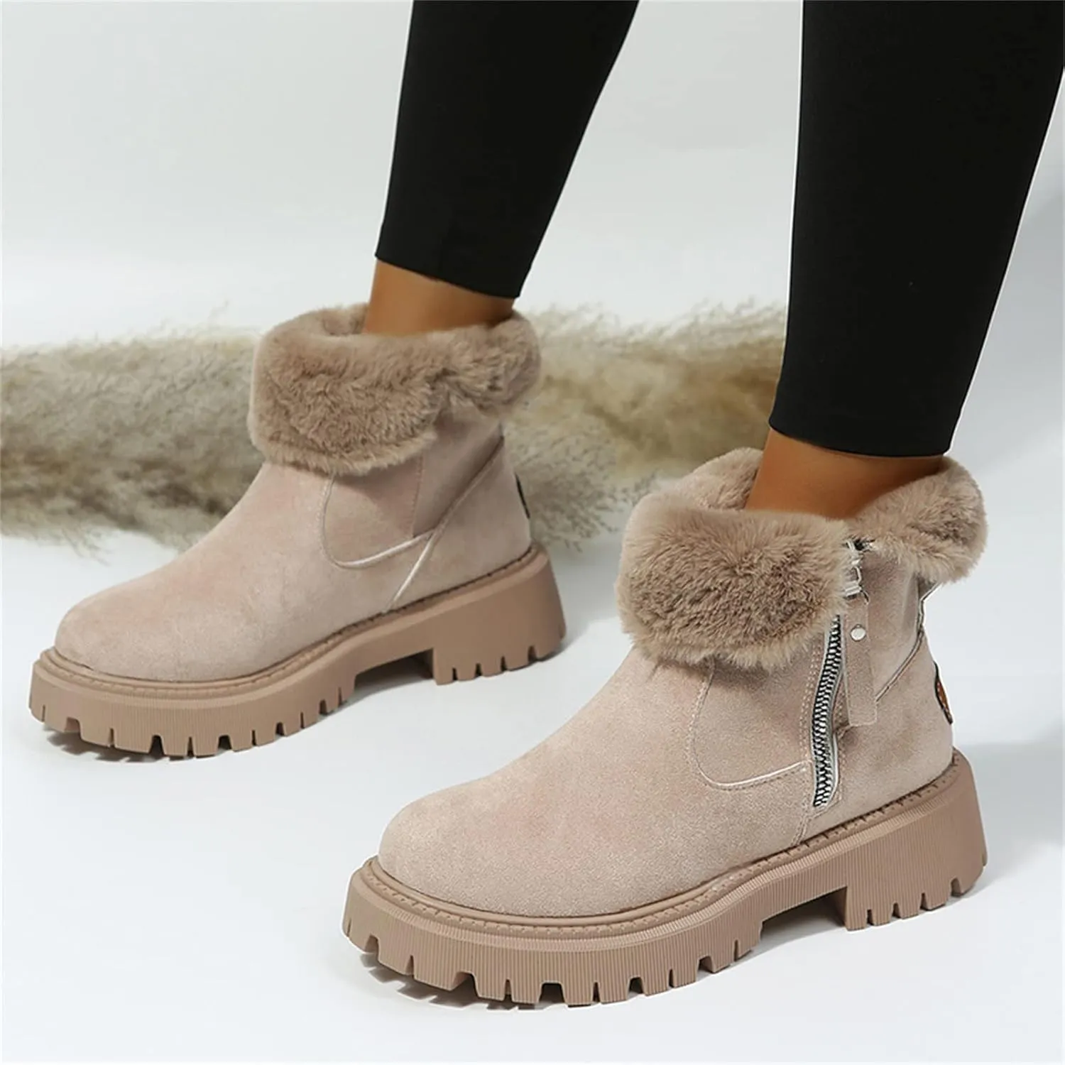 Ladmiple Snow Boots For Women Cute Tall Mid Calf Winter Warm Shoes Slip On Outdoor Fur Lined Fashion Casual Ankle Booties