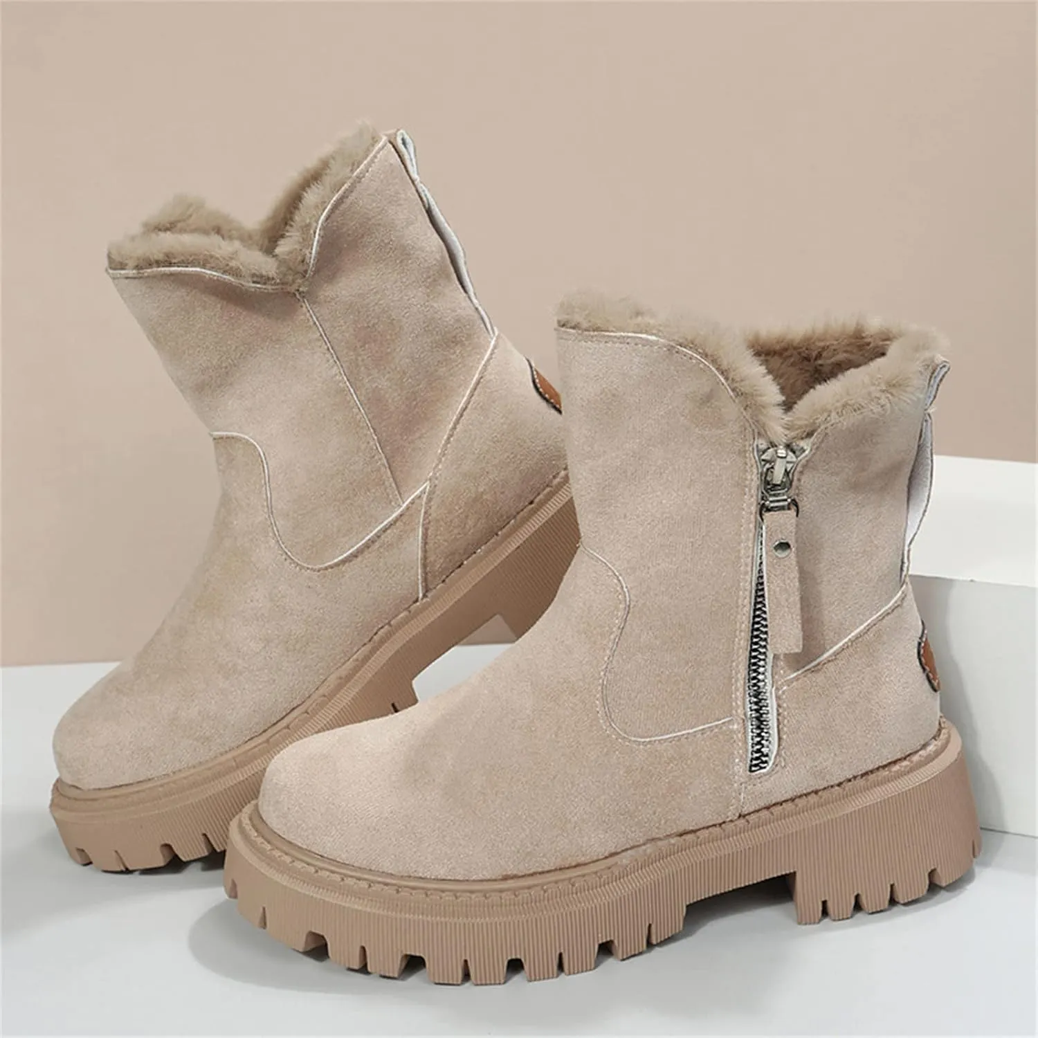 Ladmiple Snow Boots For Women Cute Tall Mid Calf Winter Warm Shoes Slip On Outdoor Fur Lined Fashion Casual Ankle Booties