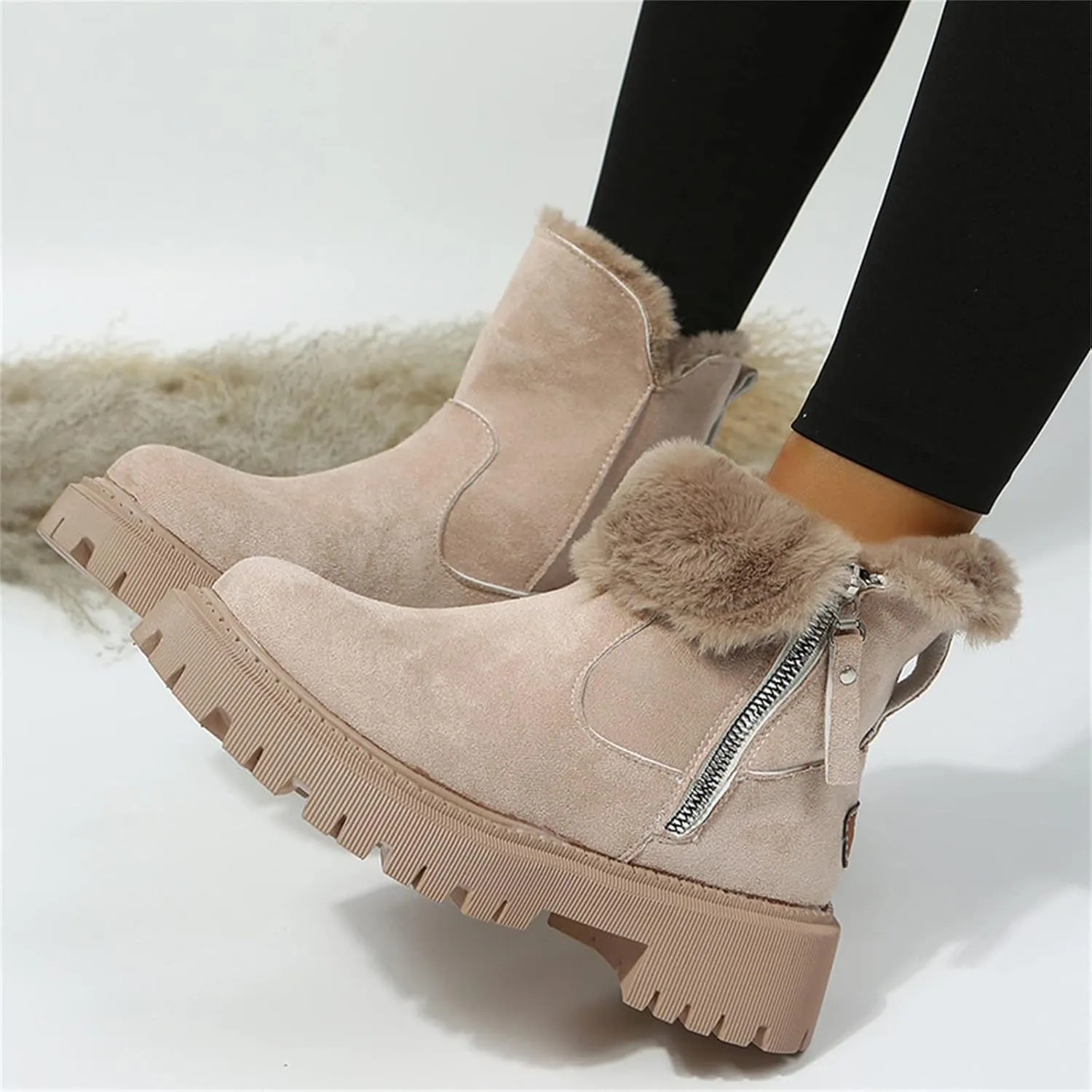 Ladmiple Snow Boots For Women Cute Tall Mid Calf Winter Warm Shoes Slip On Outdoor Fur Lined Fashion Casual Ankle Booties