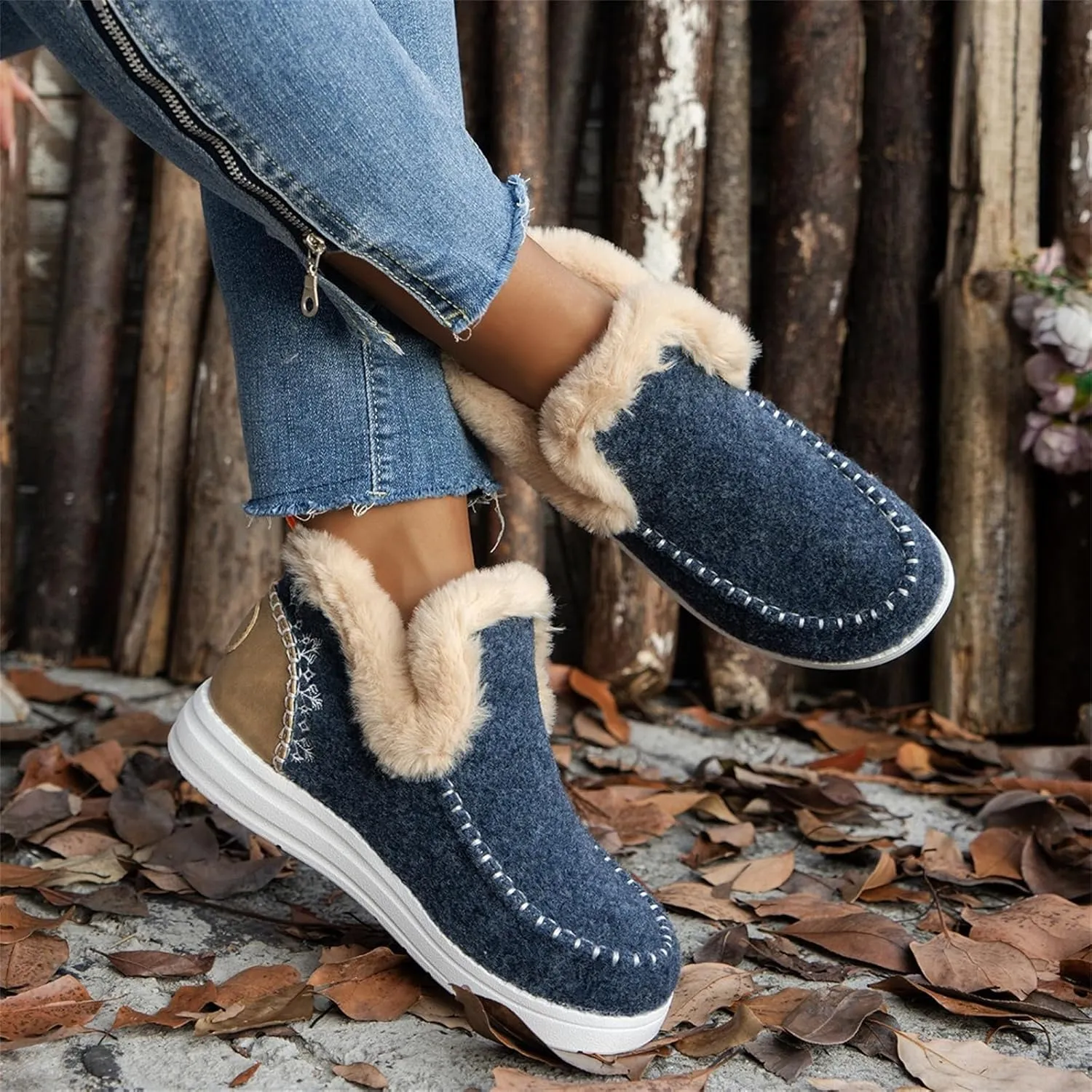 Ladmiple Winter Boots For Women 2024 Dressy Warm Fur Lined Snow Boots Short Ankle Booties Slip On Comfortable Loafers Shoes