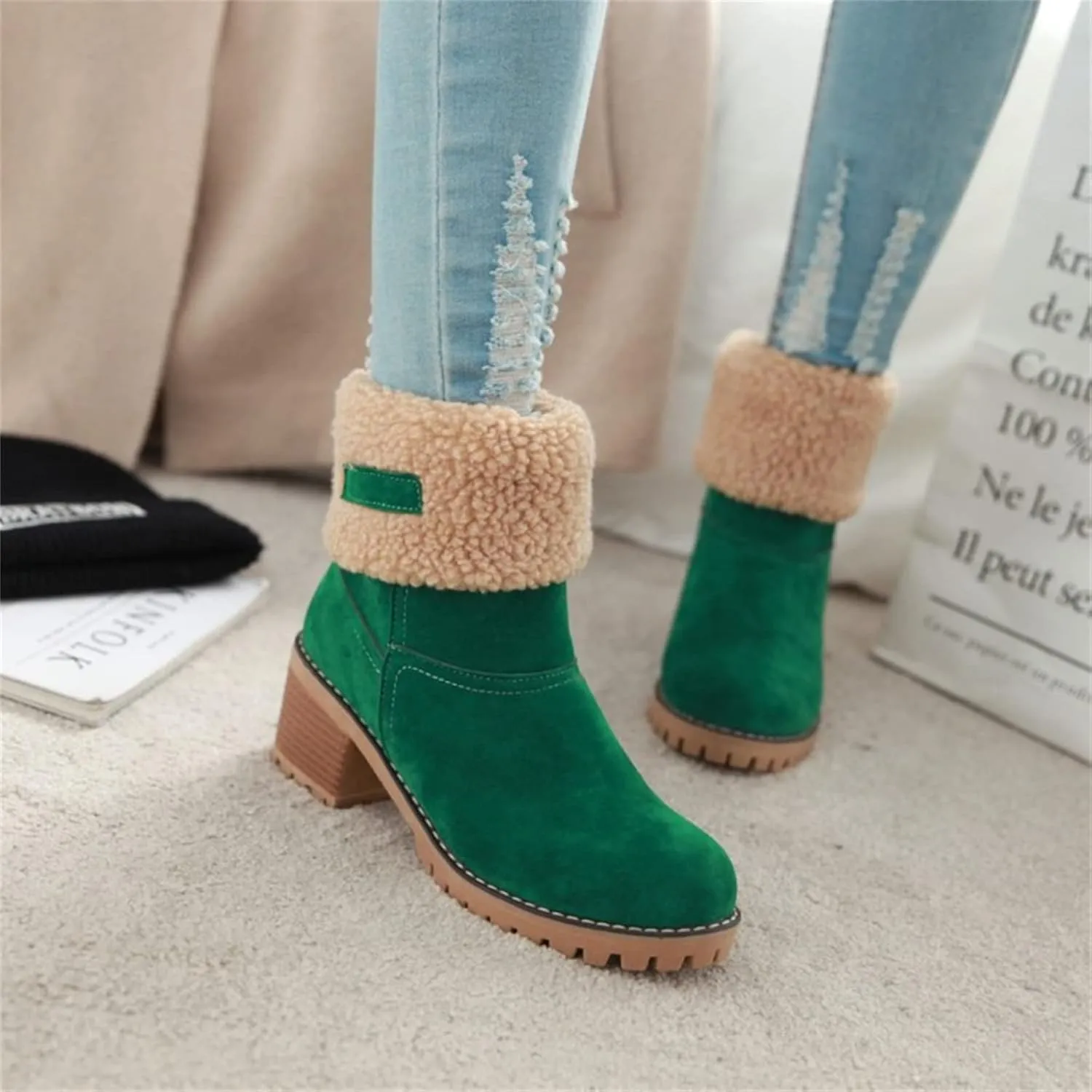 Ladmiple Winter Boots For Women Fashion Snow Boots Warm Fur Lined Ankle Booties Slip on Outdoor Walking Mid Calf Boots 2024