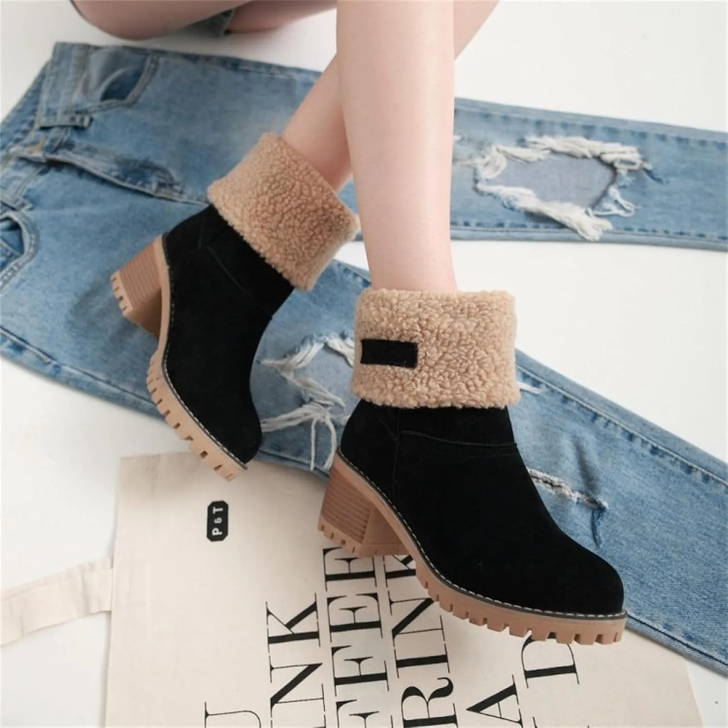 Ladmiple Winter Boots For Women Tall Mid Calf Snow Boots Warm Fur Lined Anti-Slip Outdoor Slip On Comfortable Warm Shoes