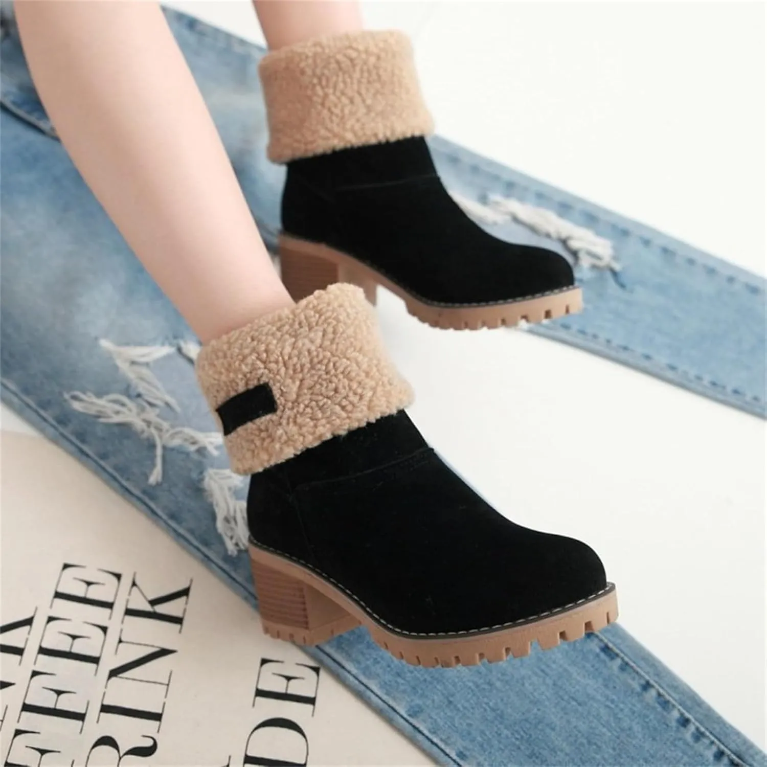 Ladmiple Winter Boots For Women Tall Mid Calf Snow Boots Warm Fur Lined Anti-Slip Outdoor Slip On Comfortable Warm Shoes