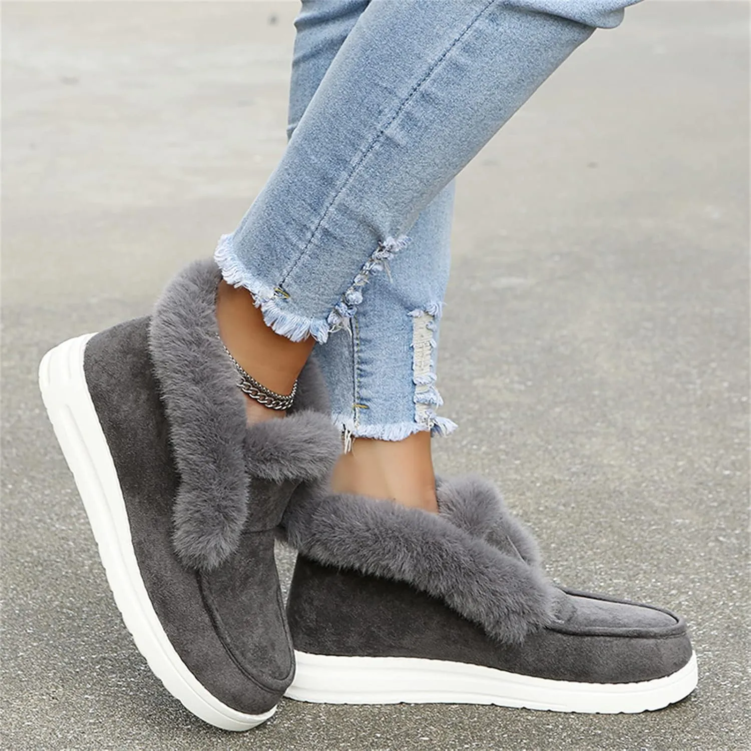 Lausiuoe Cute Winter Boots For Women Fashion Snow Boots Fur Lined Warm Fuzzy Ankle Booties Casual Slip On Loafers Shoes 2024
