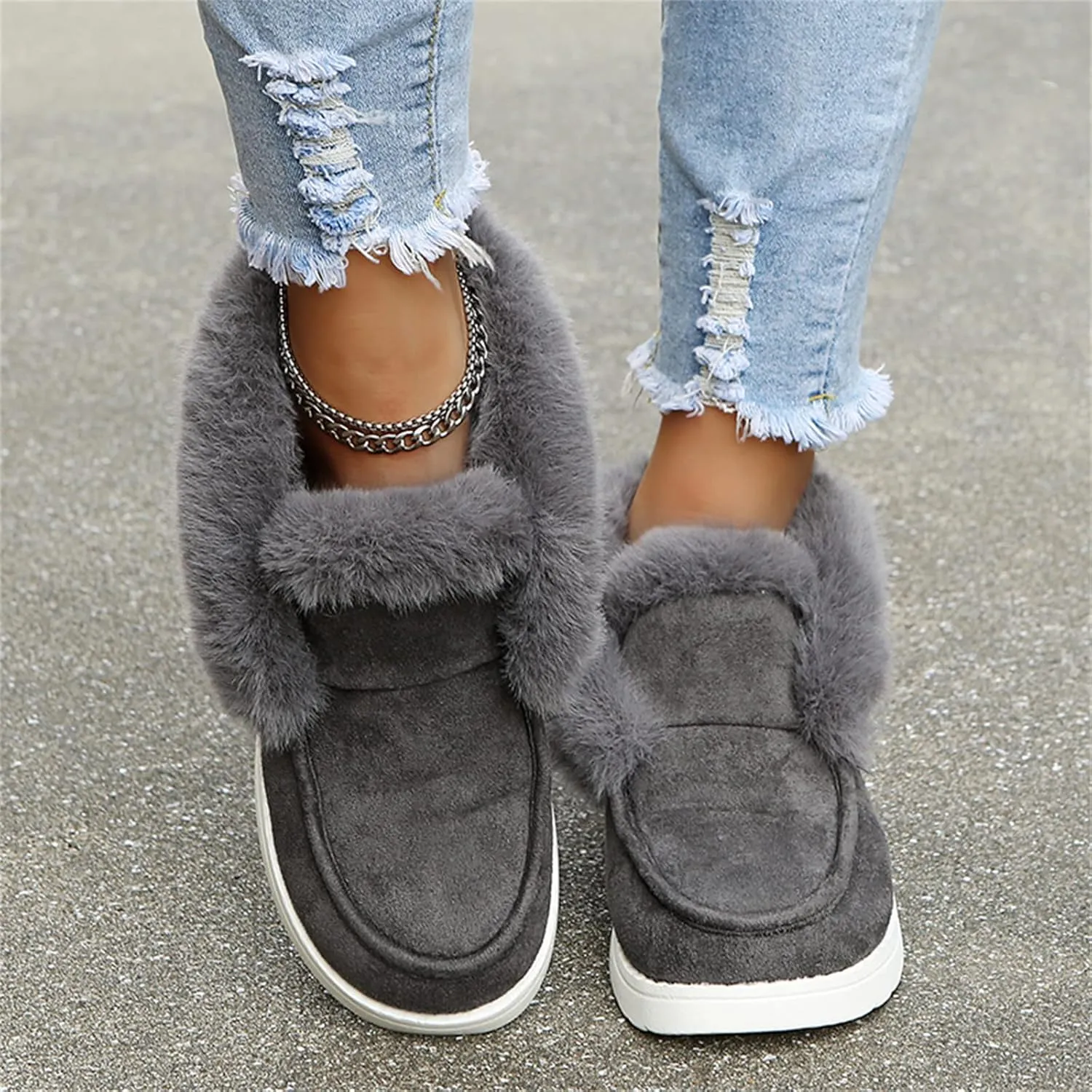 Lausiuoe Cute Winter Boots For Women Fashion Snow Boots Fur Lined Warm Fuzzy Ankle Booties Casual Slip On Loafers Shoes 2024