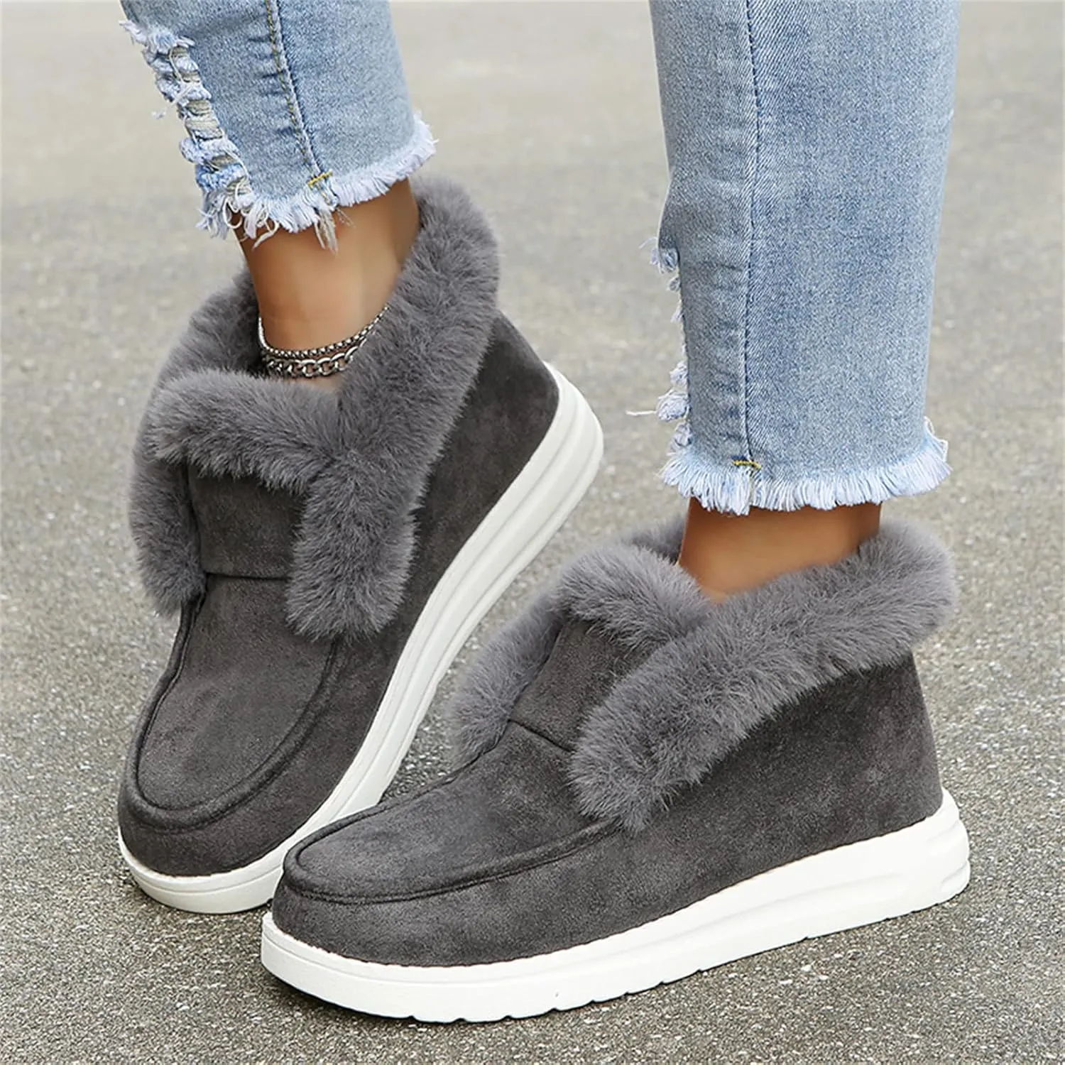 Lausiuoe Cute Winter Boots For Women Fashion Snow Boots Fur Lined Warm Fuzzy Ankle Booties Casual Slip On Loafers Shoes 2024