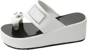 Leather Wedge Sandals for Women Comfort Slip On Wedge Flip Flops Slides with Rhinestone Fashion Rome Beach Sandals