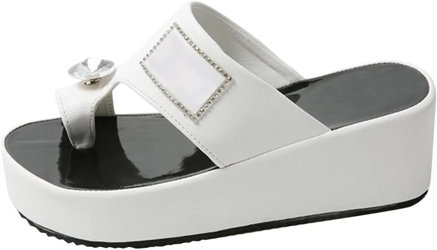 Leather Wedge Sandals for Women Comfort Slip On Wedge Flip Flops Slides with Rhinestone Fashion Rome Beach Sandals