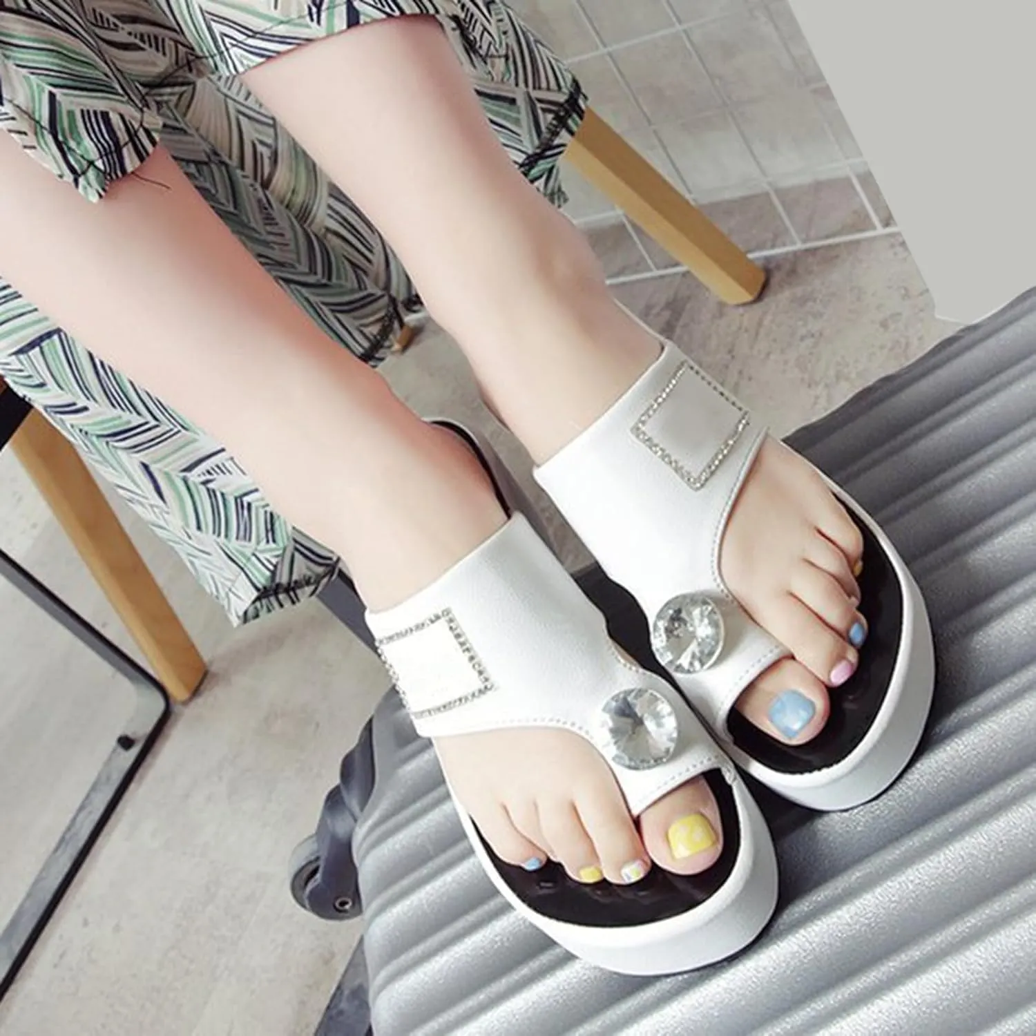 Leather Wedge Sandals for Women Comfort Slip On Wedge Flip Flops Slides with Rhinestone Fashion Rome Beach Sandals