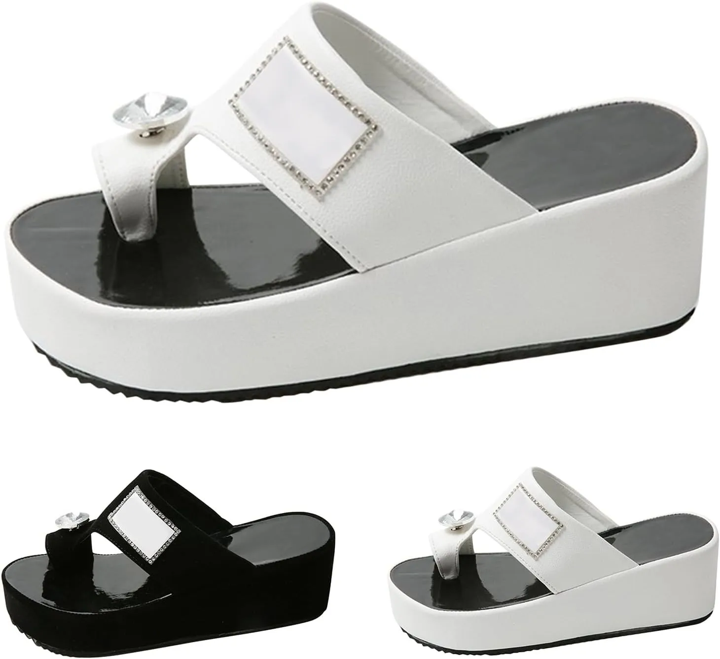 Leather Wedge Sandals for Women Comfort Slip On Wedge Flip Flops Slides with Rhinestone Fashion Rome Beach Sandals