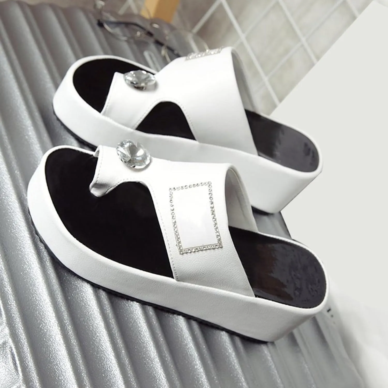 Leather Wedge Sandals for Women Comfort Slip On Wedge Flip Flops Slides with Rhinestone Fashion Rome Beach Sandals