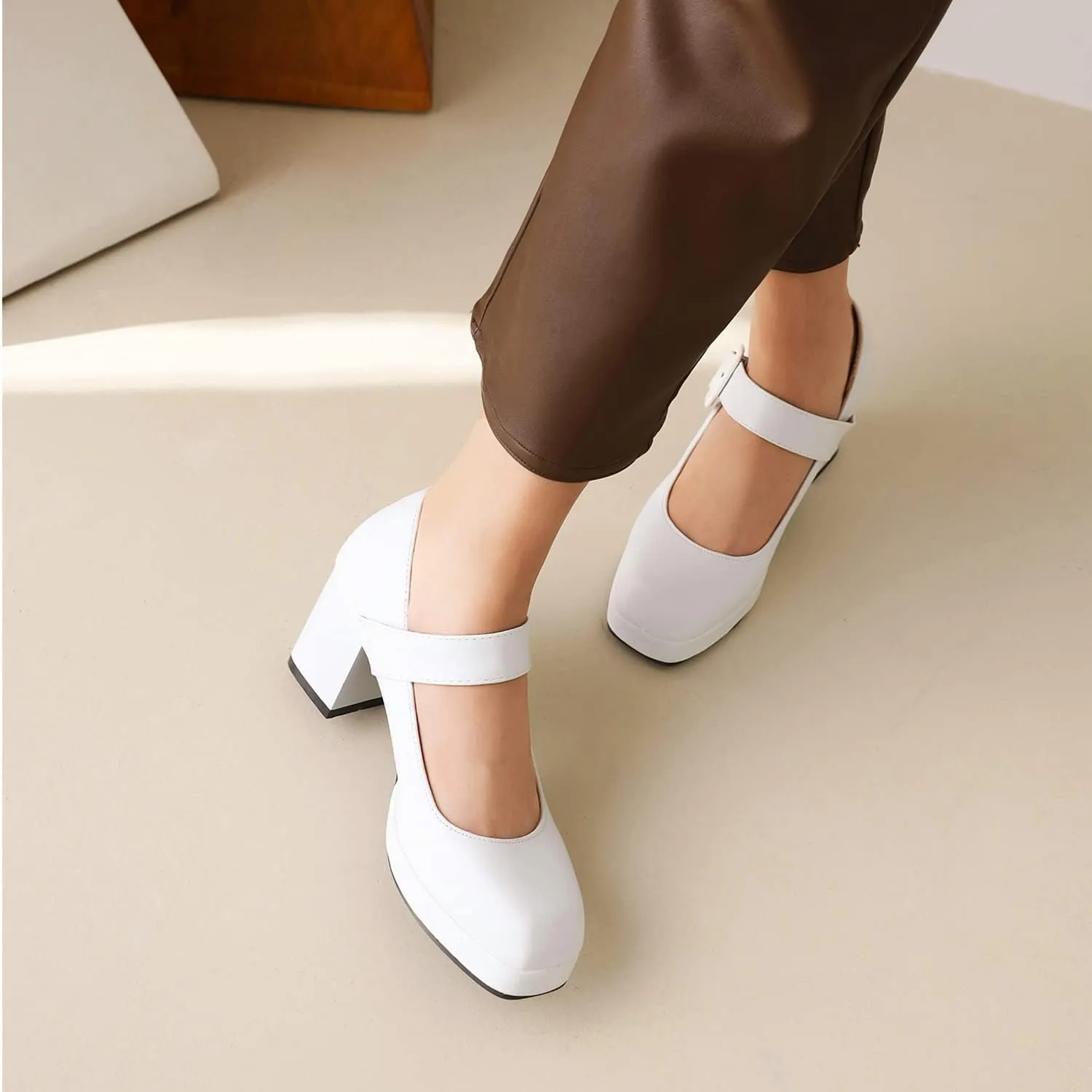 LEHOOR Women Chunky Platform Mary Jane Pumps Square Toe Buckled Ankle Strap 3" Block High Heels Mary Janes Lolita Shoes Goth Punk Heels Closed Toe Sandals Girl Office Work Fashion Trendy 4-15 M US
