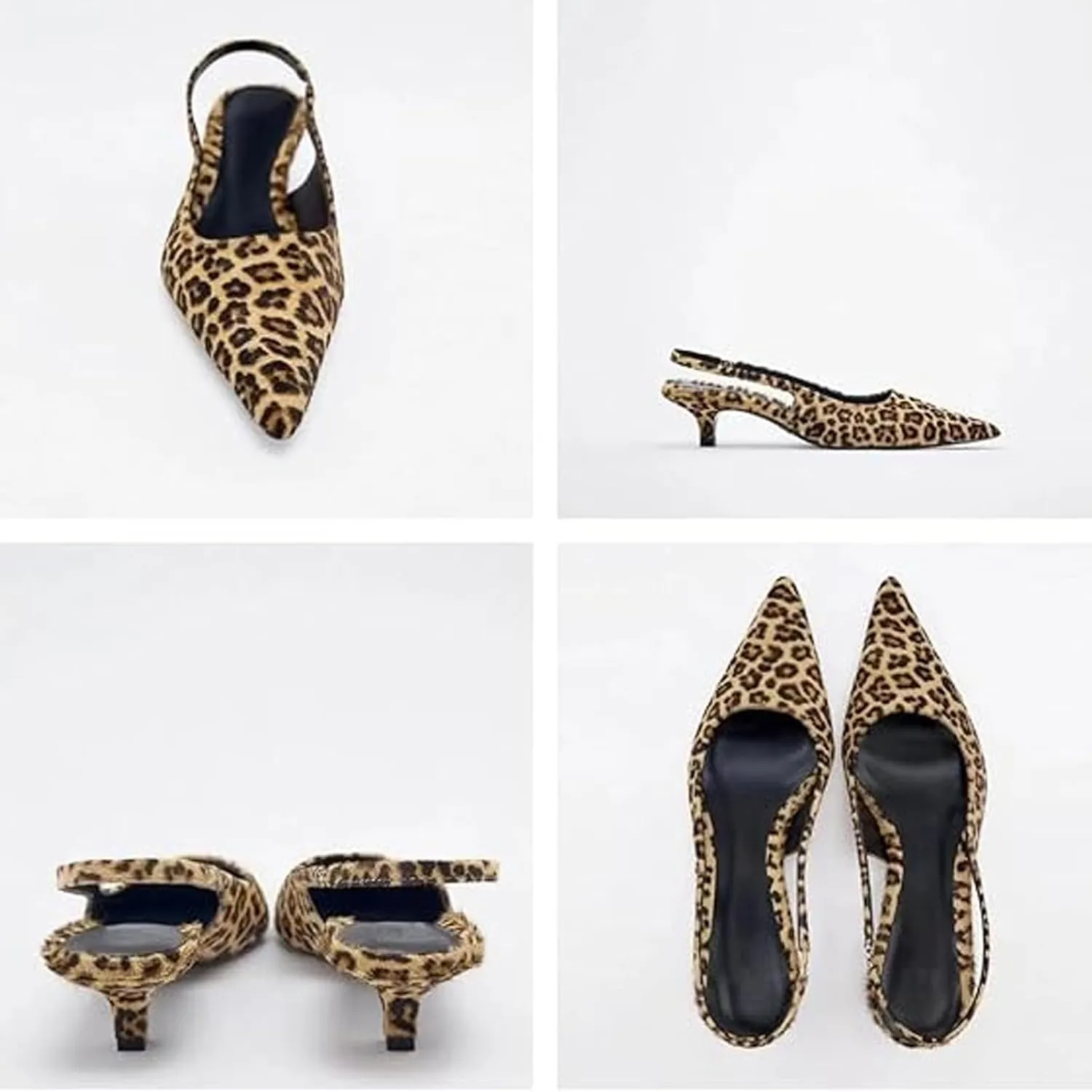 Leopard Print Slingback Kitten Heels, Women's Y2k Pointed Toe Pumps, Low Heels, Leopard Kitten Heels
