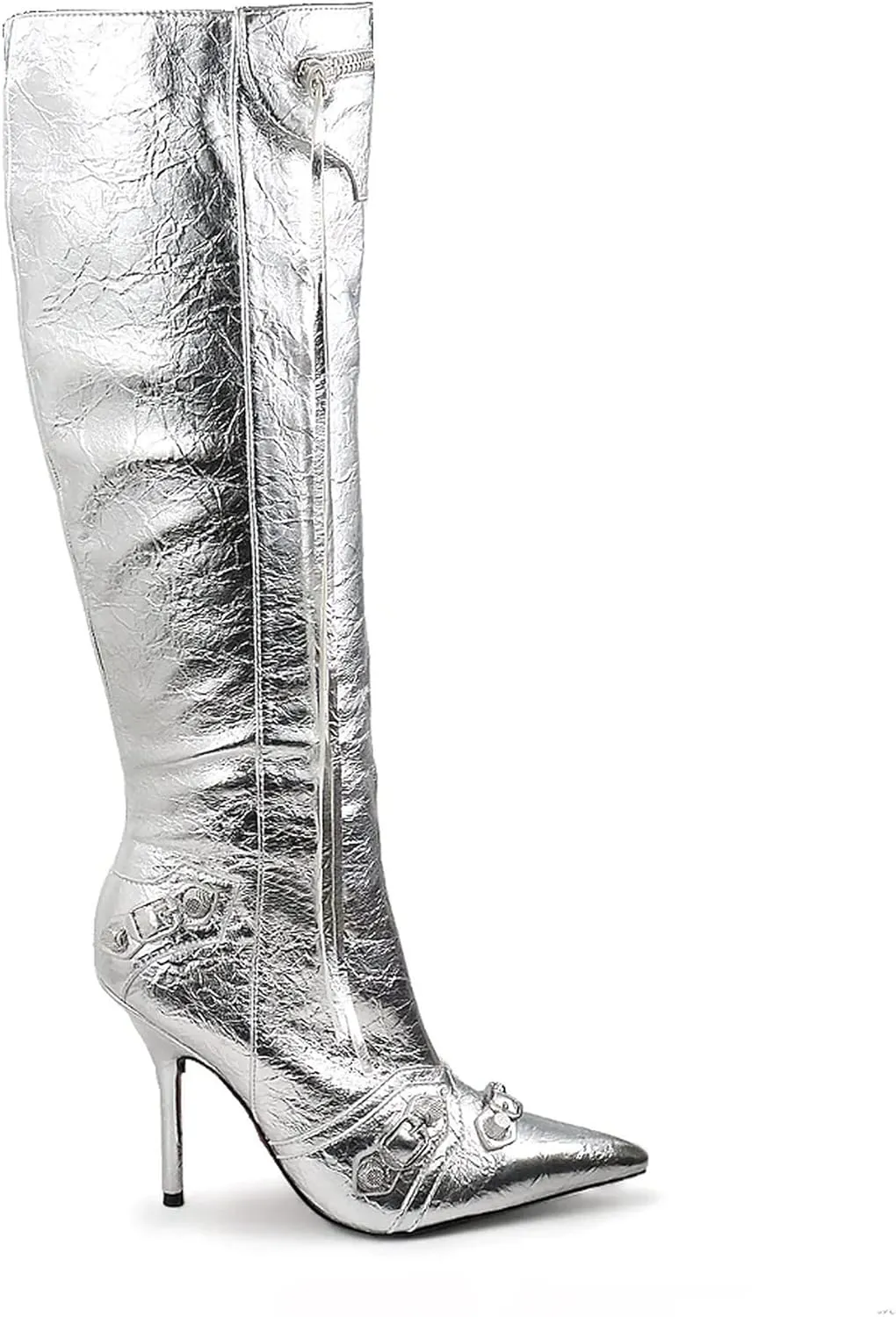 Liliana Womem Knee High Boots Pointed Toe Stiletto Heels Side Zipper Rivets Tassels Boots Bexie-3