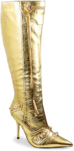 Liliana Womem Knee High Boots Pointed Toe Stiletto Heels Side Zipper Rivets Tassels Boots Bexie-3