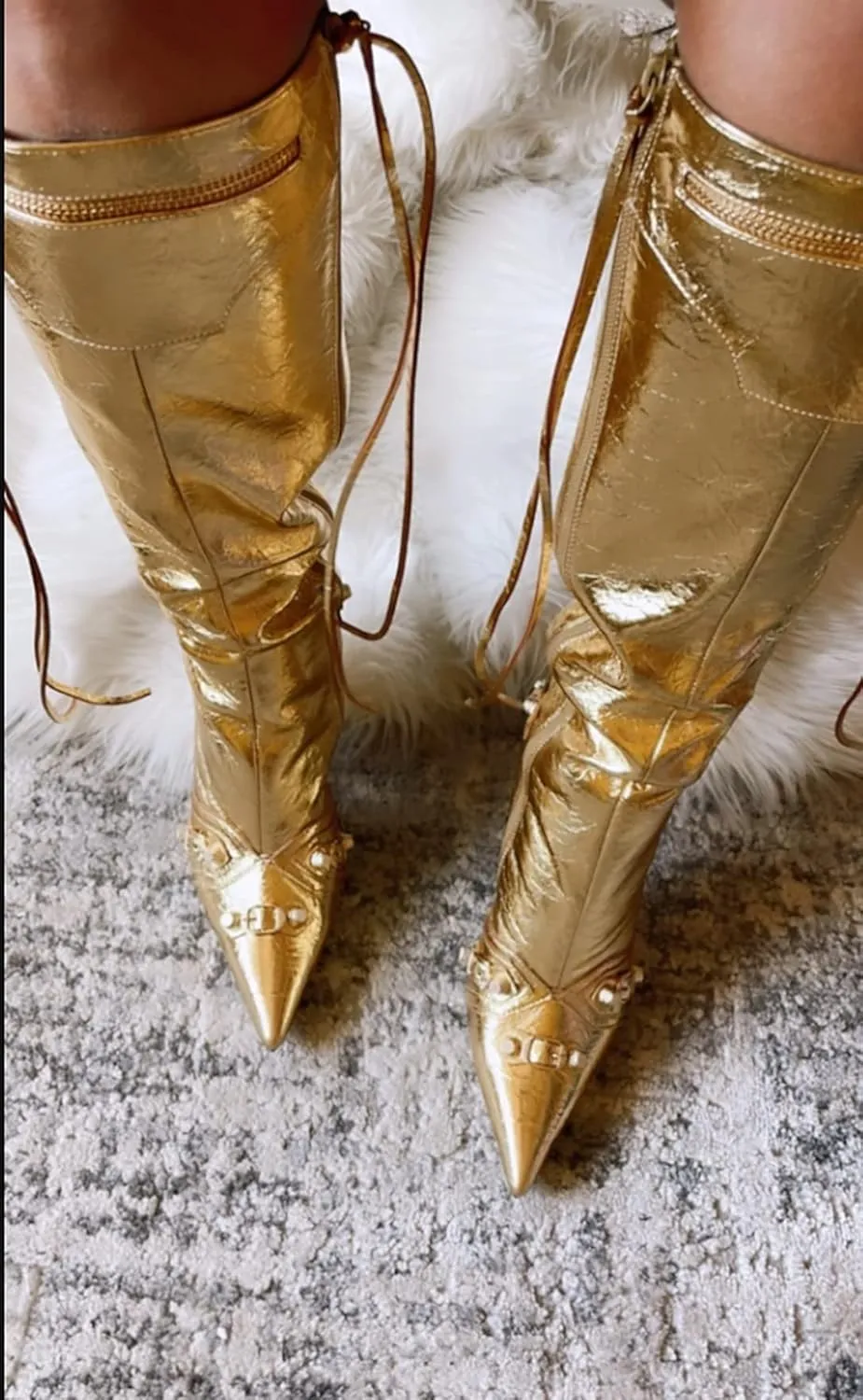 Liliana Womem Knee High Boots Pointed Toe Stiletto Heels Side Zipper Rivets Tassels Boots Bexie-3