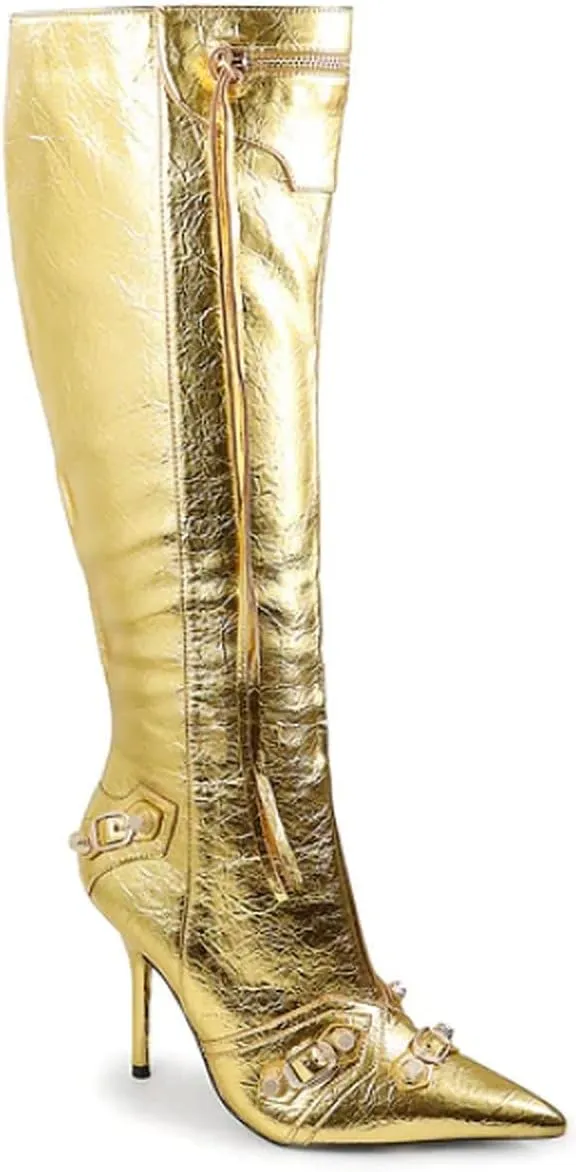 Liliana Womem Knee High Boots Pointed Toe Stiletto Heels Side Zipper Rivets Tassels Boots Bexie-3